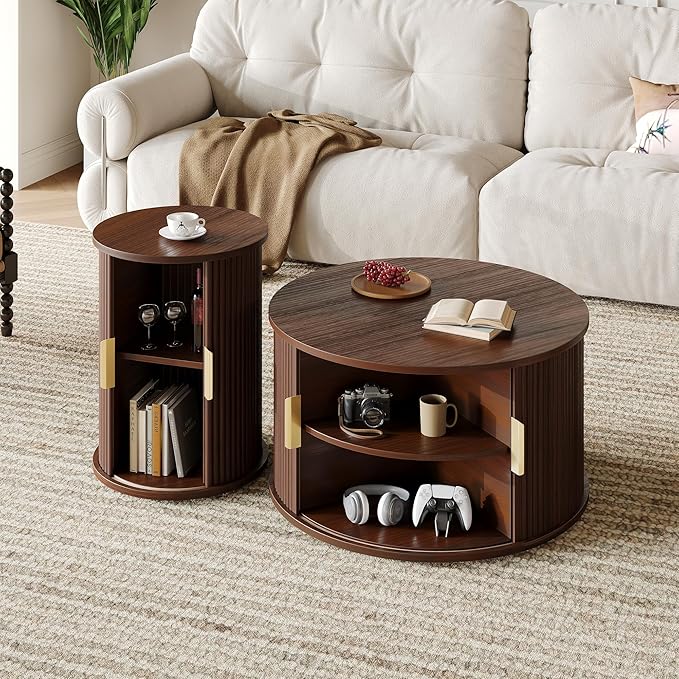 Merax Round Coffee Table Set with Storage, Fluted Center Tables with Sliding Cabinet Door for Living Room, Home, Office, Small Center Table,Walnut
