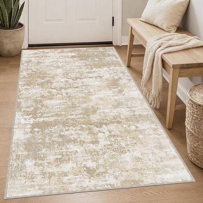 3x5 Area Rug Washable Entryway Rug Non Slip Abstract Tear and Stain Resistance No Pile Lightweight Throw Rugs Carpet for Kitchen, Entrance, Foyer, Bedside, Mudroom, Beige/Yellow