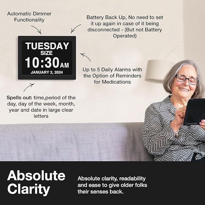 American Lifetime New 2025 Dementia Clock Large Digital Clock for Seniors, Digital Calendar Large Display, Custom Alarms, Clock with Day & Date for Elderly 18.5 Inches Black