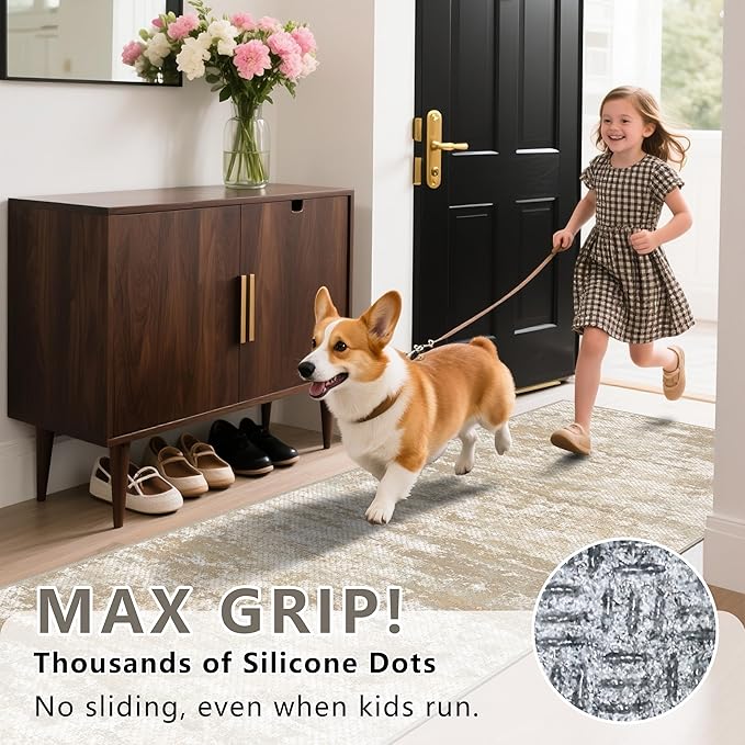 Runners for Hallways Non-Slip 2x4 Washable Kitchen Rug Abstract Tear and Stain Resistance No Pile Hand-Woven Style Lightweight Runners for Entryway, Laundry Room, Bedside, Beige/Yellow