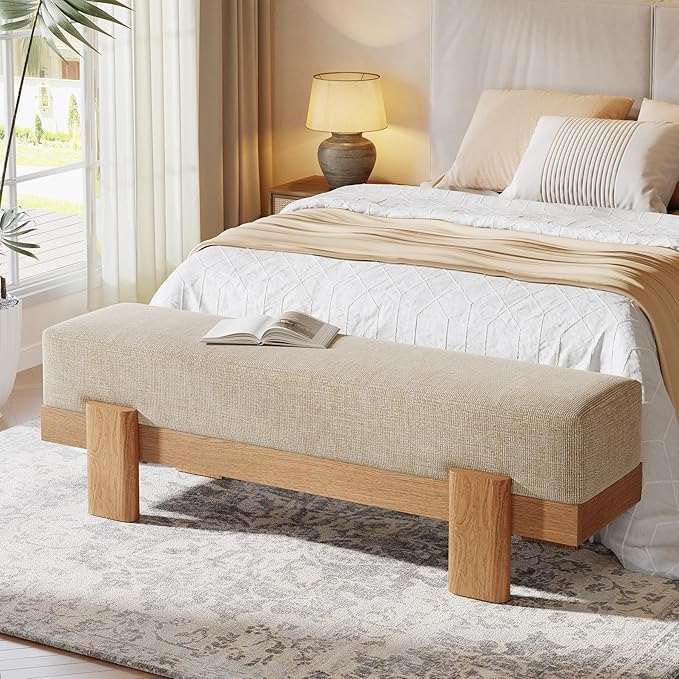 Tribesigns 55-Inch Upholstered Entryway Bench, Modern Shoe Bench with Fabric Padded Seat and MDF Frame, End of Bed Stool for Bedroom, Entrance, Living Room (Beige & Oak)