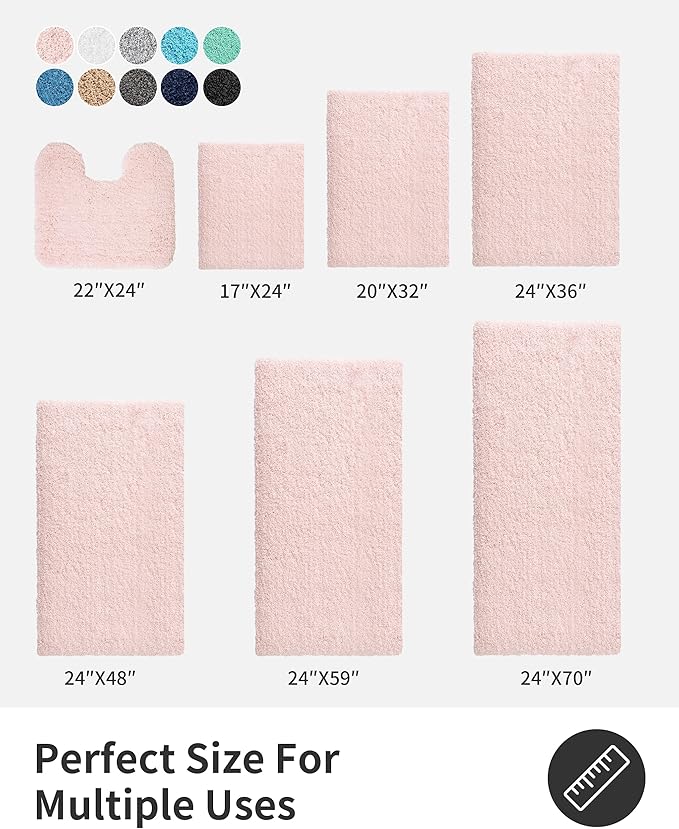 ILANGO Pink Bathroom Rugs 48" × 24" Non Slip & Super Absorbent Extra Thick Soft, Washable Bath Mat for Floor, Microfiber Plush Shaggy Bath Rug with Rubber for Bathtub Shower Room Sink