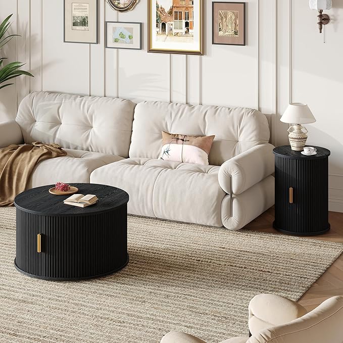 Merax Round Coffee Table Set, Mid Century Coffee Table with Sliding Tambour Door, Fluted Accent Center Table with Storage for Living Room, Office,Black