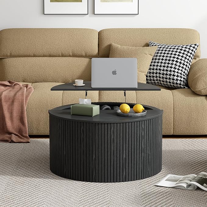 Round Fluted Lift Top Coffee Table, Mid Century Modern Center Table with Storage and Compartment, 2 Tier Small Circle Dining Table, for Living Room, Home Small Space, Black Oak