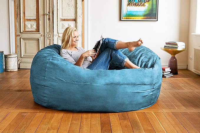 Lumaland Luxurious Giant 6ft Bean Bag Chair with Microsuede Cover - Ultra Soft, Foam Filling, Washable XL Bean Bag Sofa for Kids, Teenagers, Adults - Sack Chair for Dorm, Family Room - Light Blue