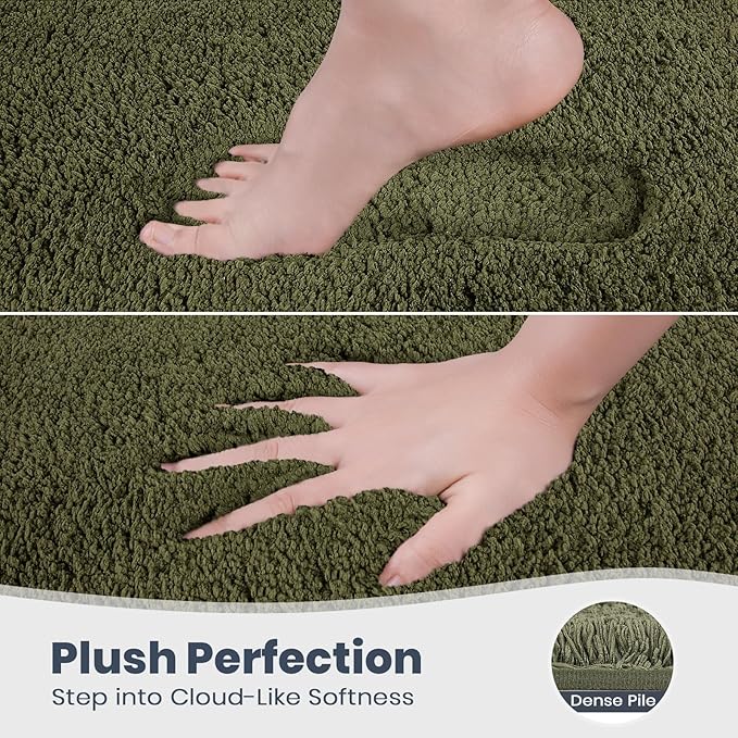 PURRUGS Bathroom Rug Non-Slip Machine Washable 24" x 36", Super Absorbent and Quick Dry Shaggy Microfiber Bath Mat, Extra Soft and Plush Bath Rug for Bathtub, Shower and Sink, Olive Green