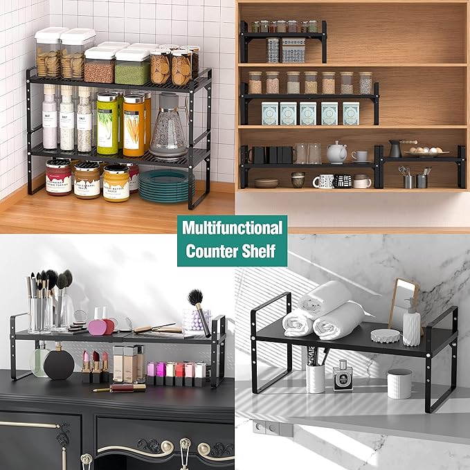 Expandable Cabinet Shelf Organizer Rack, Stackable Kitchen Counter Storage Shelves Stand, Adjustable Height Pantry Shelf Spice Rack, Heavy Duty Nonslip Black Small 1Pack