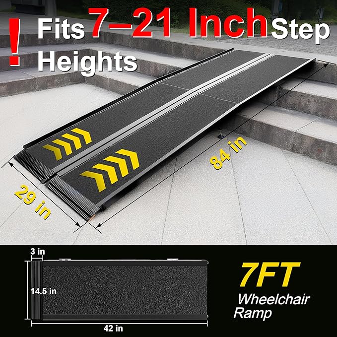 7FT Portable Wheelchair Ramp with Quick-Lock, Black Seamless Non-Slip Aluminum Folding Handicap Ramp,Threshold Ramp for Doorways, Wheel Chair Ramp for Home Steps