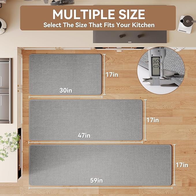 Kitchen Rugs Mat Non Slip Washable, Linen-Look 0.3" Thick Soft Cushioned Absorbent Kitchen Mats for Floor, Mild Anti-Fatigue Runner Rug Sink Mat Laundry Standing Mats, Easy Clean, Gray 17"x30"