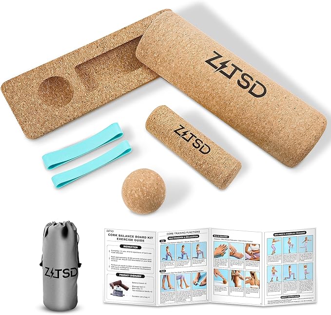Cork Balance Board 4-in-1 Foot & Ankle Strengthener Kit, Premium Natural Cork Balance Trainer + Massage Roller & Ball, Toe Resistance Bands, Carry Bag & Exercise Guide for Mobility & Physical Therapy
