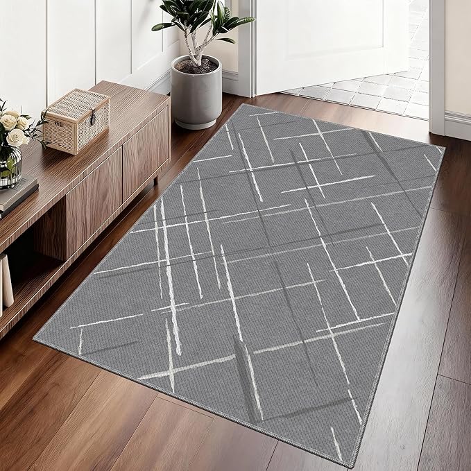 3x5 Area Rug Washable Entryway Rug Non Slip Modern Tear and Stain Resistance No Pile Lightweight Throw Rugs Carpet for Kitchen, Entrance, Foyer, Bedside, Mudroom, Gray