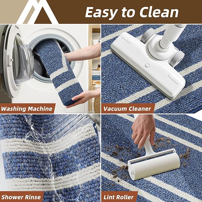 COSY HOMEER Long Kitchen Floor Mats for in Front of Sink Super Absorbent Kitchen Rugs and Mats 24"x48"+24"x59"Non-Skid Kitchen Mat Standing Mat Washable,Polypropylene,Blue,Frame