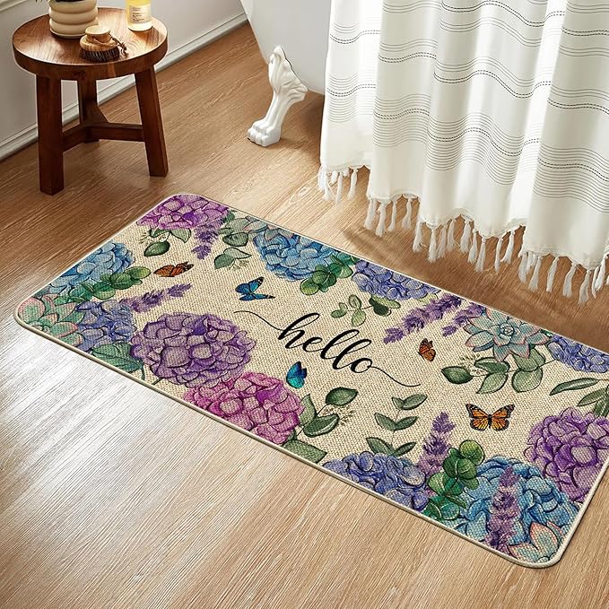 Welcome Spring Door Mat Hydrangea Flowers Floral Doormat Indoor Outdoor Entrance Outdoor Rug Low-Profile Floor Rug Non Slip Spring Summer Decor Rubber Mats for Home Decoration 17x36Inch
