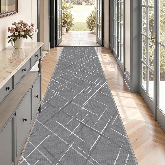 Kitchen Rugs Ultra Non-Slip 2.6x12 Washable Runner Rug Modern Tear and Stain Resistance No Pile Lightweight Runners for Entryway, Hallway, Walkway, Bedside, Entrance, Gray