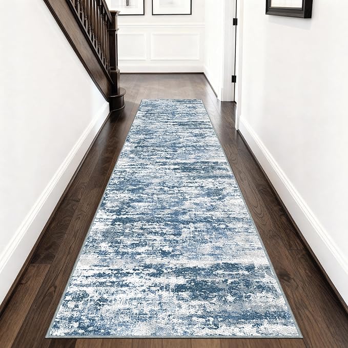 Kitchen Rugs Ultra Non-Slip 2.6x8 Washable Runner Rug Abstract Tear and Stain Resistance No Pile Lightweight Runners for Entryway, Hallway, Walkway, Bedside, Entrance, Blue