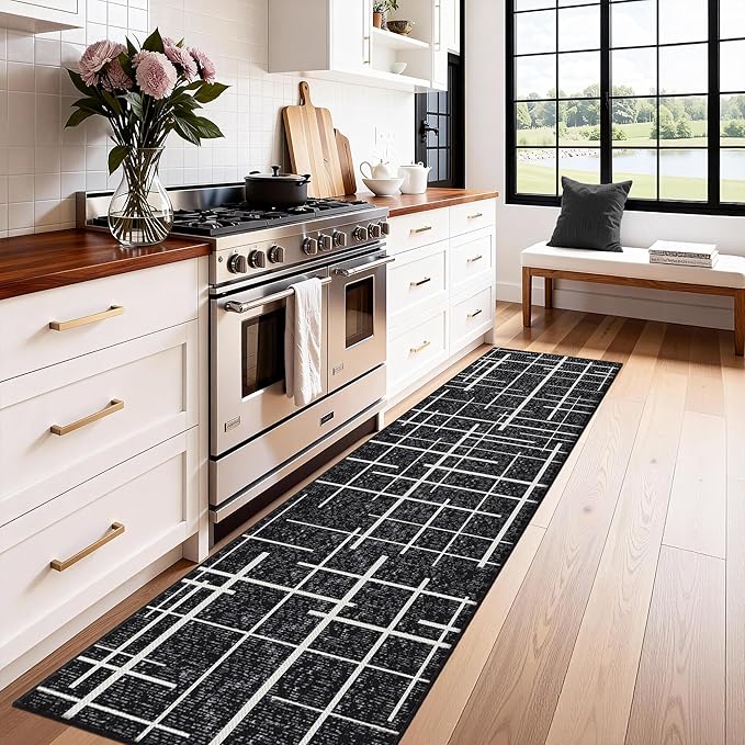 Non Slip Hallway Runner Rug 2x8,Modern Distressed Stripe, Washable Long Rug, Woven Thin Low Pile Carpet Runners for Hallway 10ft Entryway, Kitchen, Walkway- Midnight Black