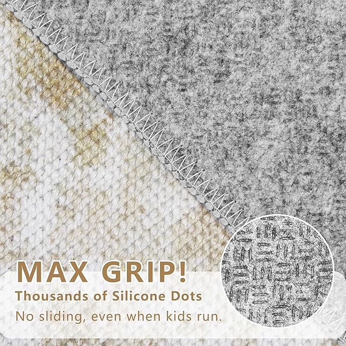 Runners for Hallways Non-Slip 2x4 Washable Kitchen Rug Abstract Tear and Stain Resistance No Pile Hand-Woven Style Lightweight Runners for Entryway, Laundry Room, Bedside, Beige/Yellow