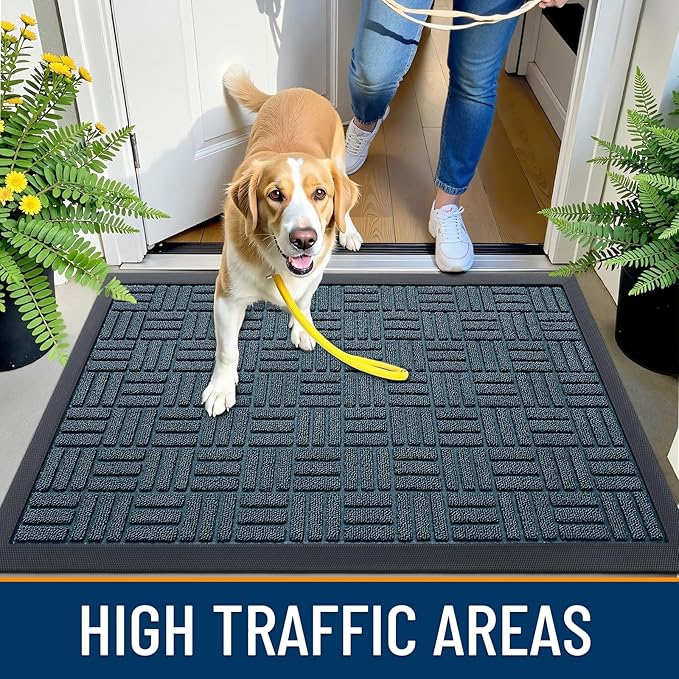 OLANLY Front Door Mat Outside Entrance 59x34, Absorbent, Heavy Duty Sturdy Natural Rubber Doormat Indoor Outdoor, Non-Slip, Stain and Fade Resistant, Low Profile Floor Mat for Entryway, Lake Blue