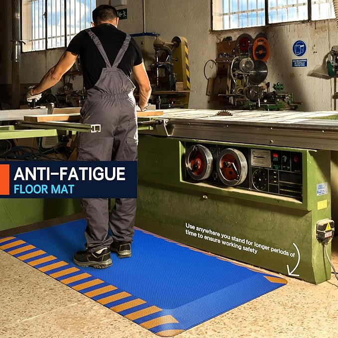 FEATOL Anti Fatigue Mat Industrial, Ergonomic Standing Floor Mat for Work for Stand -Safety Support for Leg & Back Pain(Blue with Yellow Border, 24" x 70", 1PC)