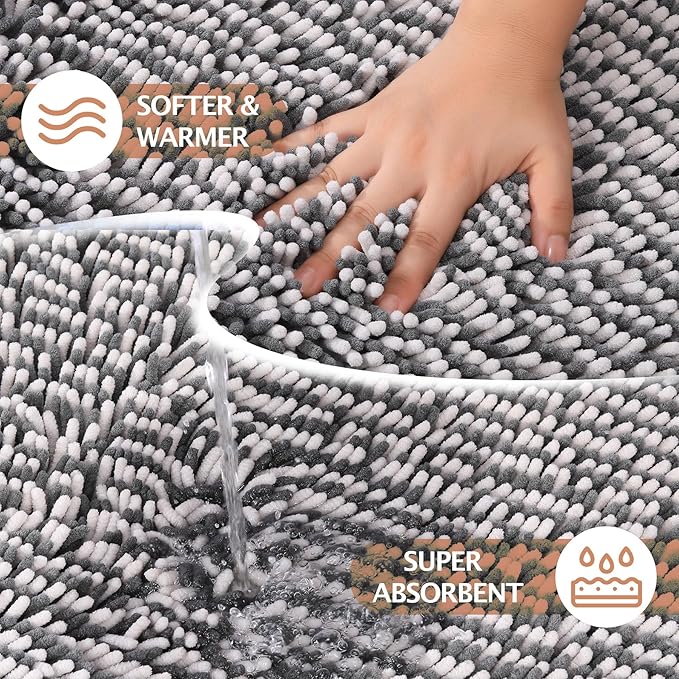 Bathroom Rugs 2 Piece Set – Absorbent, Non-Slip, Soft Chenille Bath Mat, Machine Washable, Comfortable Floor Mats (24"×17” & 20"×30”, Gray Grey)