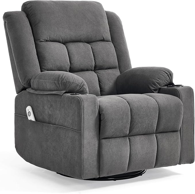 Swivel Recliner Chair for Adults with Massage and Heating,Manual Glider Rocking Recliner Chair with Cup Holds and Pockets,Reclining Rocker Chairs for Living Room Bedroom R8811 (Darkgrey)