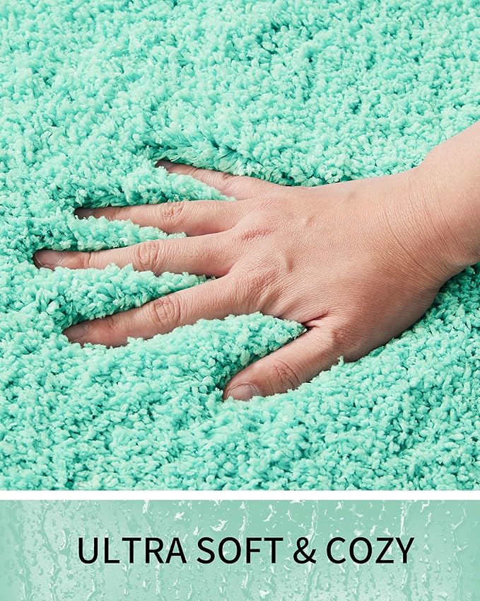 Bathroom Rugs, Ultra Thick Shaggy Soft Microfiber Absorbent Bath Rug, High Density Foam Latex Non Slip Backing, Machine Washable Bath Mats for Bathroom Floor & Sink 24x17, Spa Blue