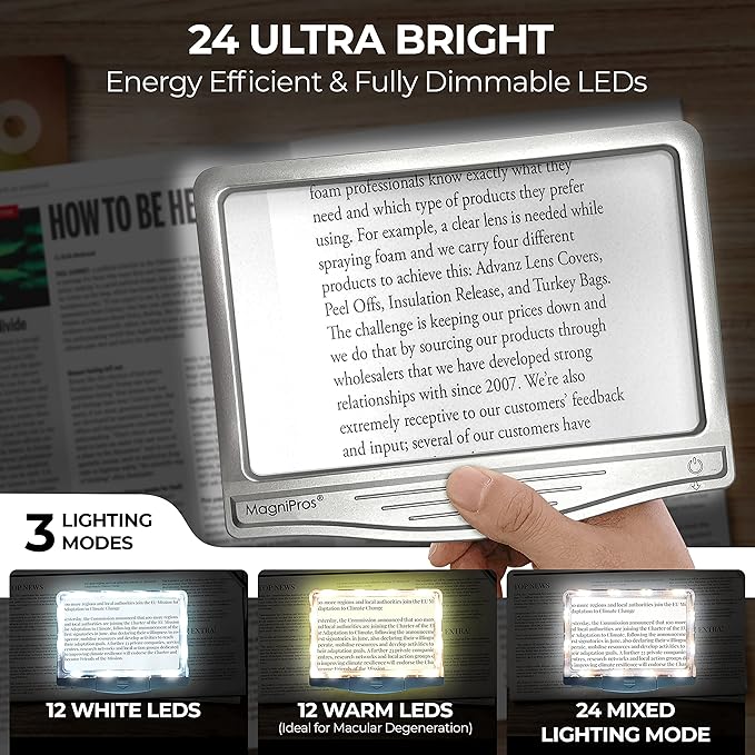 MAGNIPROS Patented 3X Large LED Page Magnifier for Reading | Eye Caring 3 Color Light Modes & Anti-Glare Lens to Reduce Eye Strain-Perfect for Small Prints, Aging Eyes, Low Vision and Seniors