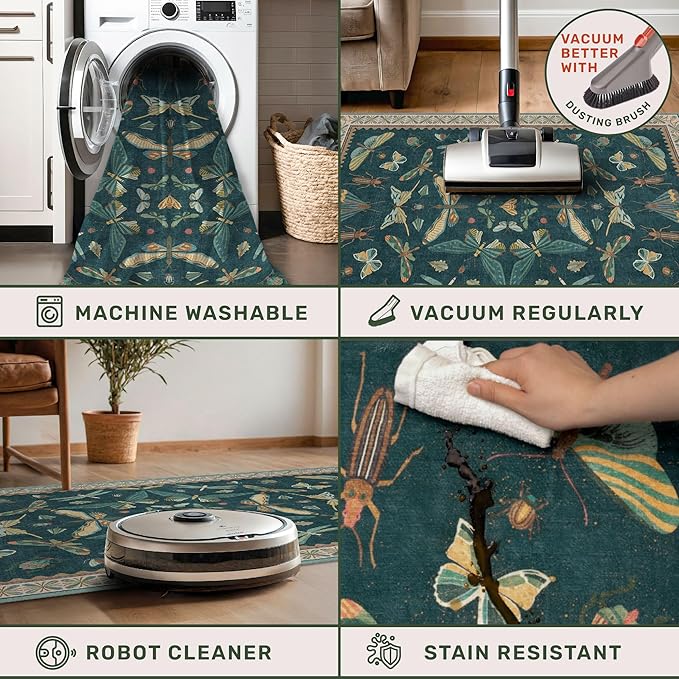 Emerald Green Entry Rugs for Inside House - 2x4 Kitchen Rugs Non Slip for Bathroom, Powder Room, Vintage Unique Colorful Décor, Washable Stain & Fade Resistant