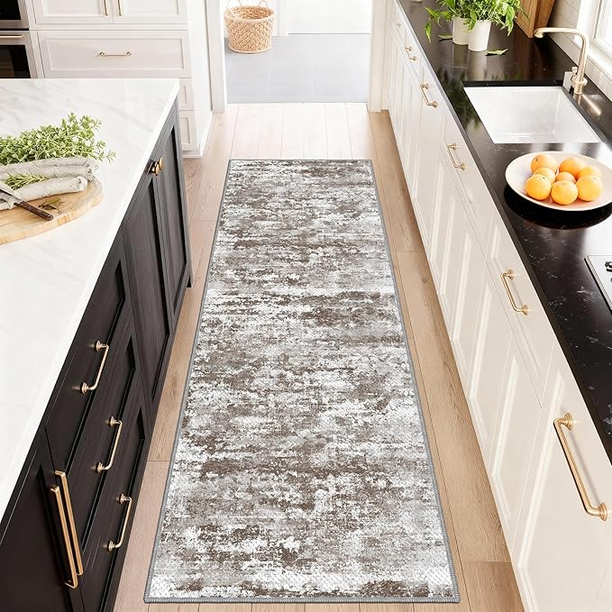 Abstract Washable Runner Rug 2x6, Brown Non-Slip Hallway Rug, Woven Non-Shedding Thin Runners for Entryway, Kitchen, Laundry Room
