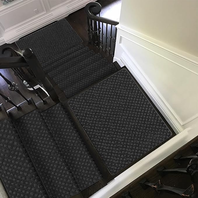 PURE ERA Bullnose Carpet Stair Treads Tape Free Non-Slip Indoor Stair Protectors Pet Friendly Stair Treads for Wooden Steps 9.5" x 30"(14 Pieces,Black Mini-Diamond Trellis)