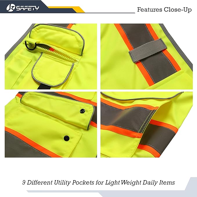 JKSafety 9 Pockets Hi-Vis Neon Yellow Color Zipper Front Safety Vest with Fluorescent Orange Extend Edge outlining the Reflective Tapes Meet ANSI/ISEA Class 2 Standard (901-Yellow, Large)
