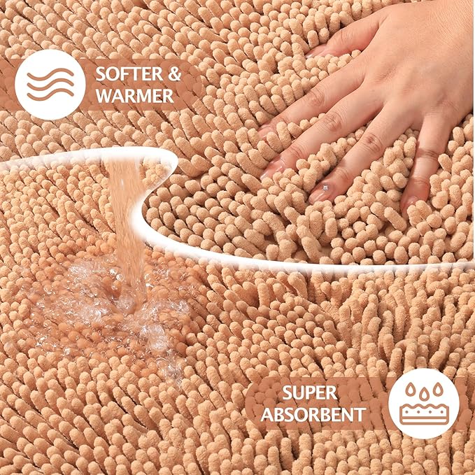 Bathroom Rugs Runner Mats 2 Piece Long Sets Bath Rug Extra Absorbent Chenille Kitchen Mat Set Non Slip Striped Machine Washable Quick Dry Tub Shower Accessories 47x20+24x17 Inch, Beige