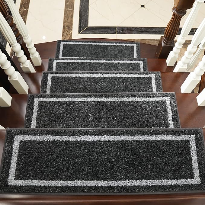 COSY HOMEER Soft Stair Treads Non-Slip Carpet Mat 28inX9in Indoor Stair Runners for Wooden Steps,Stair Rugs for Kids and Dogs, 100% Polyester TPE Backing 10pcs,Black,Square