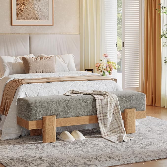 Tribesigns 55-Inch Upholstered Entryway Bench, Modern Shoe Bench with Fabric Padded Seat and MDF Frame, End of Bed Stool for Bedroom, Entrance, Living Room (Gray & Oak)