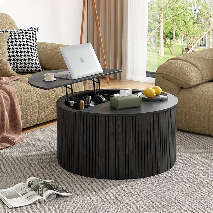 Round Fluted Lift Top Coffee Table, Mid Century Modern Center Table with Storage and Compartment, 2 Tier Small Circle Dining Table, for Living Room, Home Small Space, Black Oak