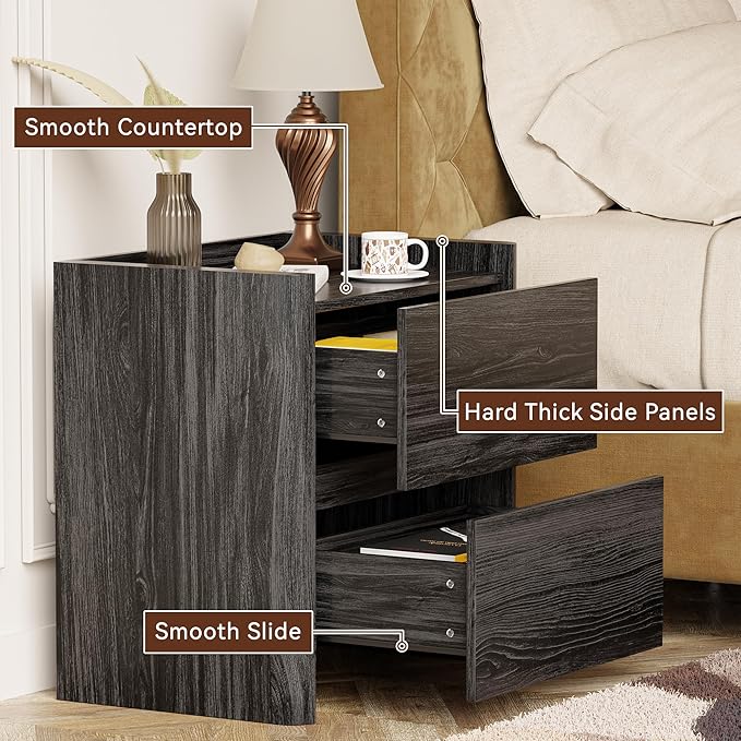 Nightstand with 2 Storage Drawer, Modern End Table for Bedroom with Cut-Out Handle, Large Night Stands for Bedroom, Home Office, Set of 2, Dark Grey