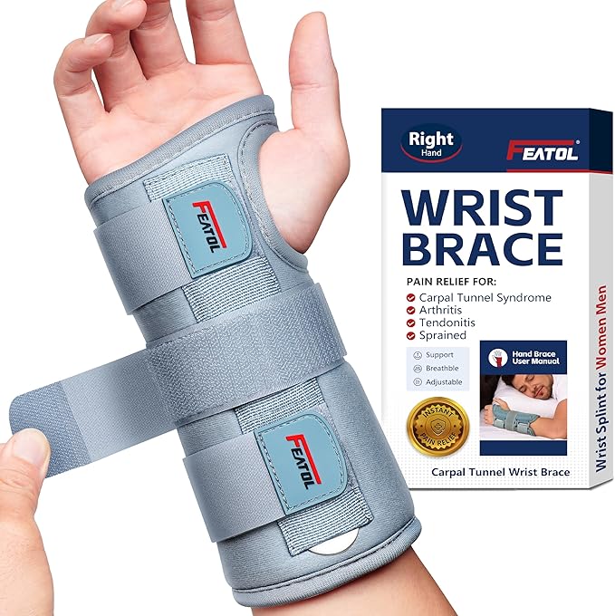 FEATOL Wrist Brace Carpal Tunnel for Women Men, Adjustable Night Sleep Support Brace with Splints Right Hand, Small/Medium