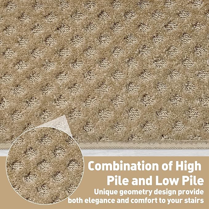 PURE ERA Bullnose Carpet Stair Treads Set Tape Free Non-Slip Indoor Stair Protectors Pet Friendly Rugs 9.5" x 30"(14 Pieces,Khaki Mini-Diamond Trellis)