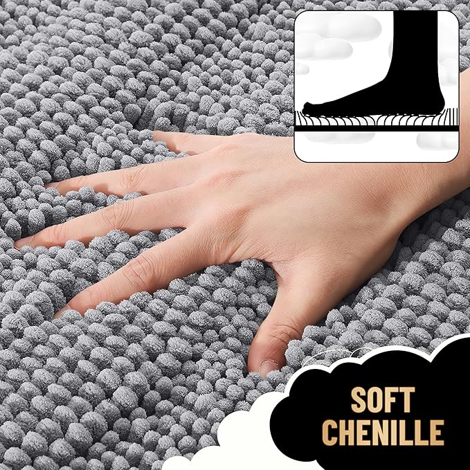 OLANLY Thick Bathroom Rugs 59x20, Extra Soft Absorbent Chenille Striped Bath Rugs, Rubber Backing, Machine Wash Dry, Bath Mats for Bathroom Floor, Tub and Shower, Home Decor Accessories, Grey