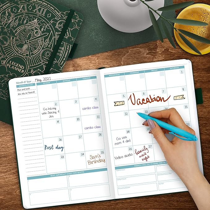 Legend Weekly Colorful Planner 2nd Edition – Undated Life & Work Agenda Journal for Time Management, Goal Setting, Productivity, 5.8 ″x8.3″, Hardcover – Dark Green Gold Foil