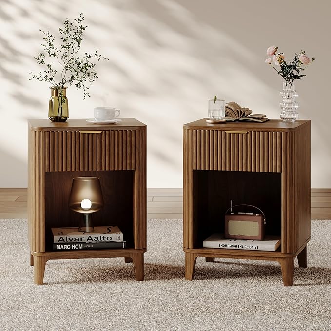 Mid Century Modern Night Stand Set of 2, Large Bedside Table Set of 2 with Drawer and Storage Shelf, Fluted Nightstands Rustic Wood End Table for Living Room Walnut