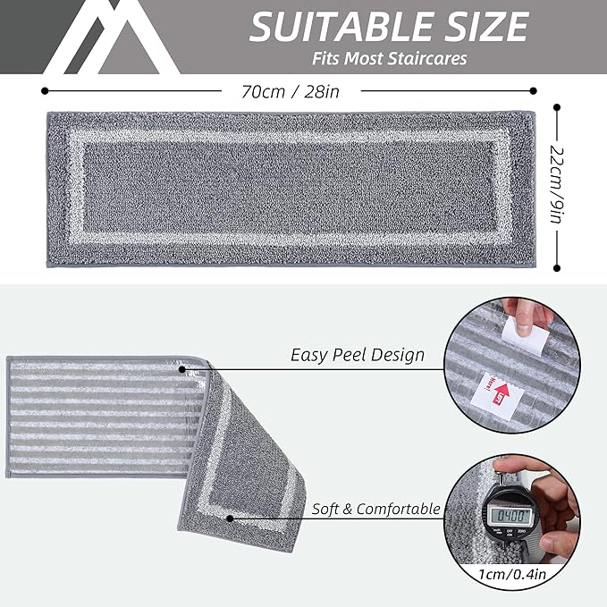 COSY HOMEER Soft Stair Treads Non-Slip Carpet Mat 28inX9in Indoor Stair Runners for Wooden Steps, Stair Rugs for Kids and Dogs, 100% Polyester TPE Backing 4pcs, Grey,Square
