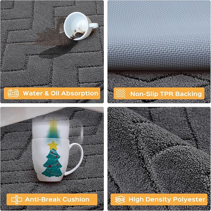 Machine Washable Kitchen Rugs 24" x 84", Non-Slip Kitchen Runner Rugs Mats for Floor, Absorbent Comfort Standing Mats for Kitchen, Sink, Laundry and Hallway, Rolled Packaging, Charcoal