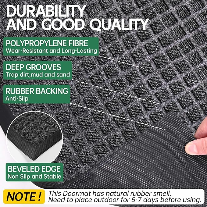 Front Door Mat Outside Entrance, 5' x 3' Heavy Duty Indoor Outdoor Door Mats for Entryway, All Season Weather Outdoor Doormat, Natural Rubber Non Slip Welcome Mats for Front Door