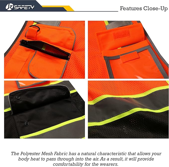 JKSafety 9 Pockets High Visibility Dual Color Zipper Front MESH Lite Safety Vest | Yellow Color Triming Reflective Strip | ANSI/ISEA Standards (100-Orange-Black, M)