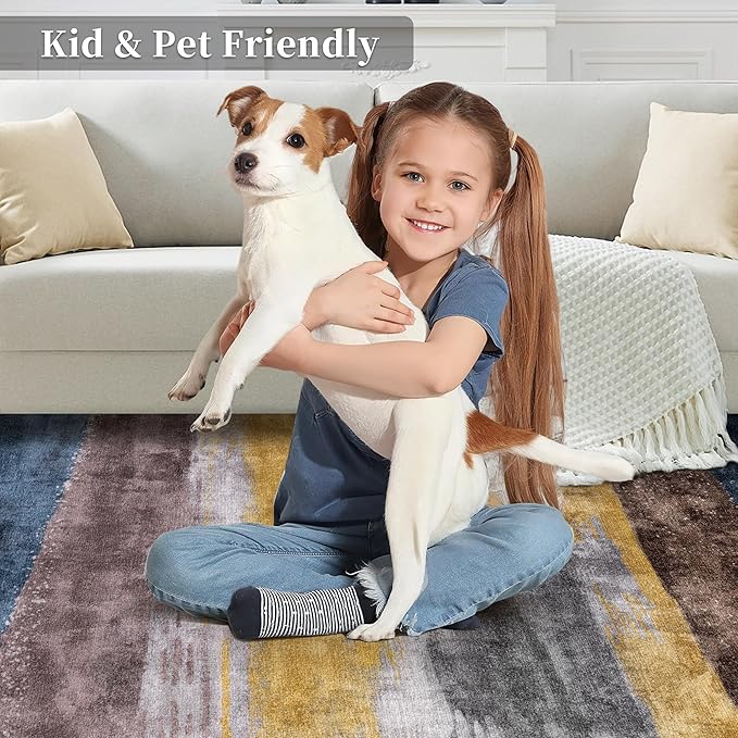 Ciicool 5ft Round Washable Rug, Modern Abstract Circle Rugs, Non-Slip Thin Lightweight Rug Yellow Blue Circular Print Distressed Carpet for Bedroom Living Room Under Dining Table Home Office Decor