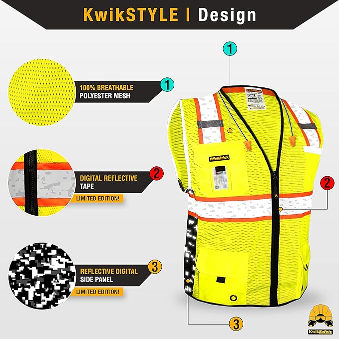 KwikSafety - BIG KAHUNA DIGITAL Safety Vest [LIMITED EDITION] Class 2 ANSI OSHA Reflective Hi Vis Heavy Duty Surveyor Construction Industrial Work Gear/Yellow 4XL