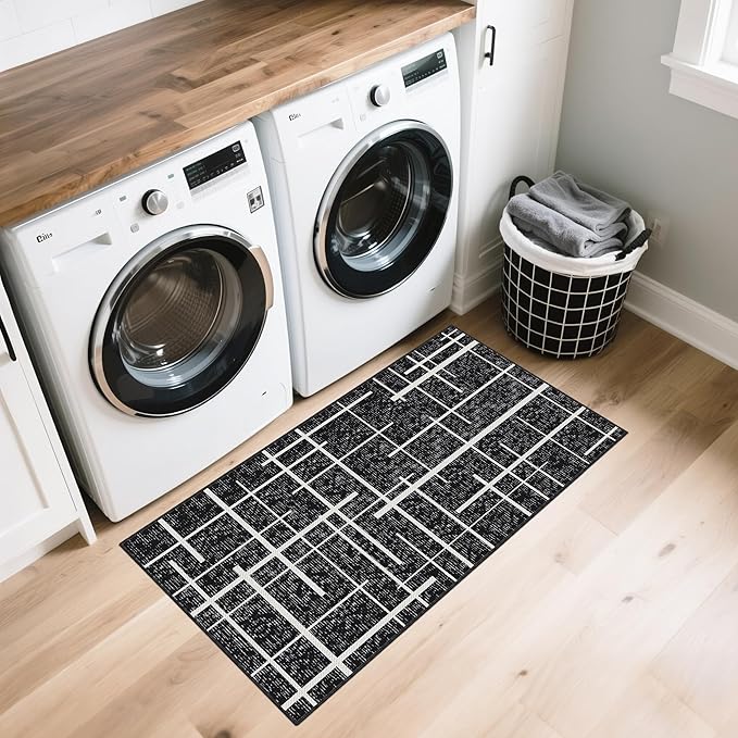 Washable Runner Rug 2x4, Modern Distressed Stripe, Kitchen Runner Rug Non Slip, Woven Thin No Shed Runners for Entryway, Kitchen, Laundry Room- Midnight Black