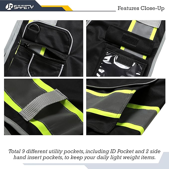 JKSafety 9 Pockets Hi-Vis Black Color Zipper Front Safety Vest Fluorescent Yellow Strips outlining the Reflective Tapes ANSI/ISEA Class 1 (901-Black, Large)