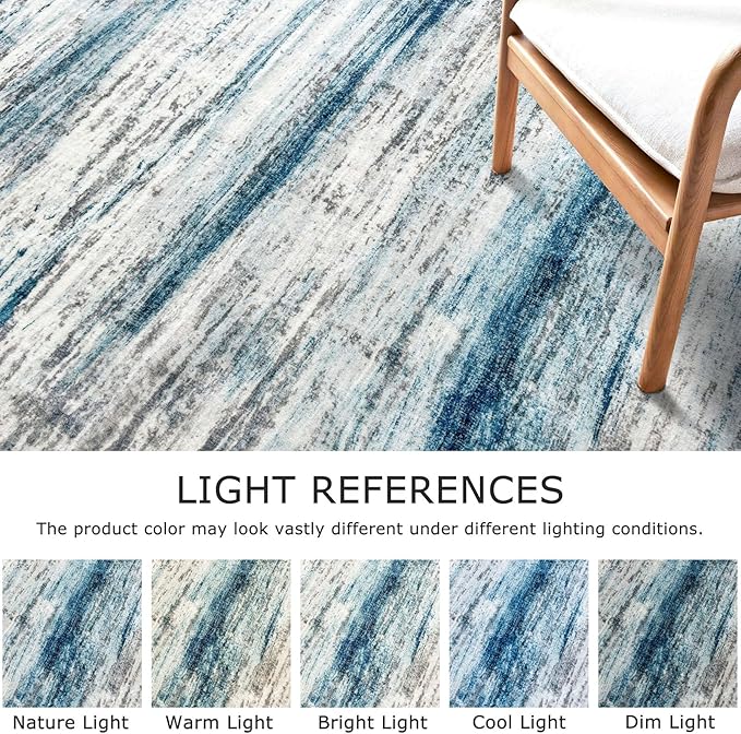 KOZYFLY Area Rug 6x9 Modern Ombre Rugs for Living Room, Washable Large Thin Rugs Non-Slip Soft Striped Rug for Bedroom, Print Blue Abstract Carpet for Laundry/Kid Room